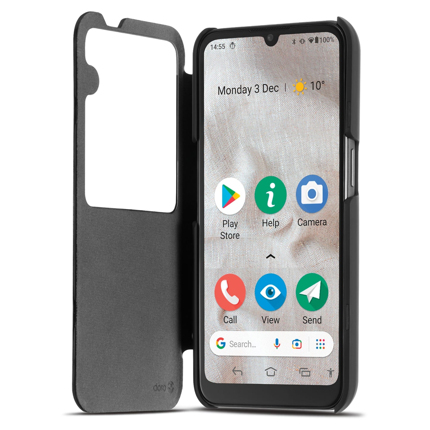 Doro 8110 smartphone med åbent Doro Smart Cover til 8100/8110, stor ikon-menu og visning af dato, tid, vejr.