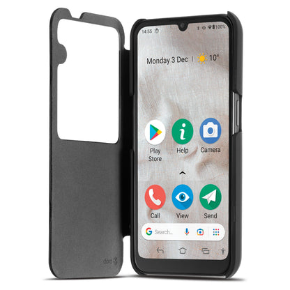 Doro 8110 smartphone med åbent Doro Smart Cover til 8100/8110, stor ikon-menu og visning af dato, tid, vejr.