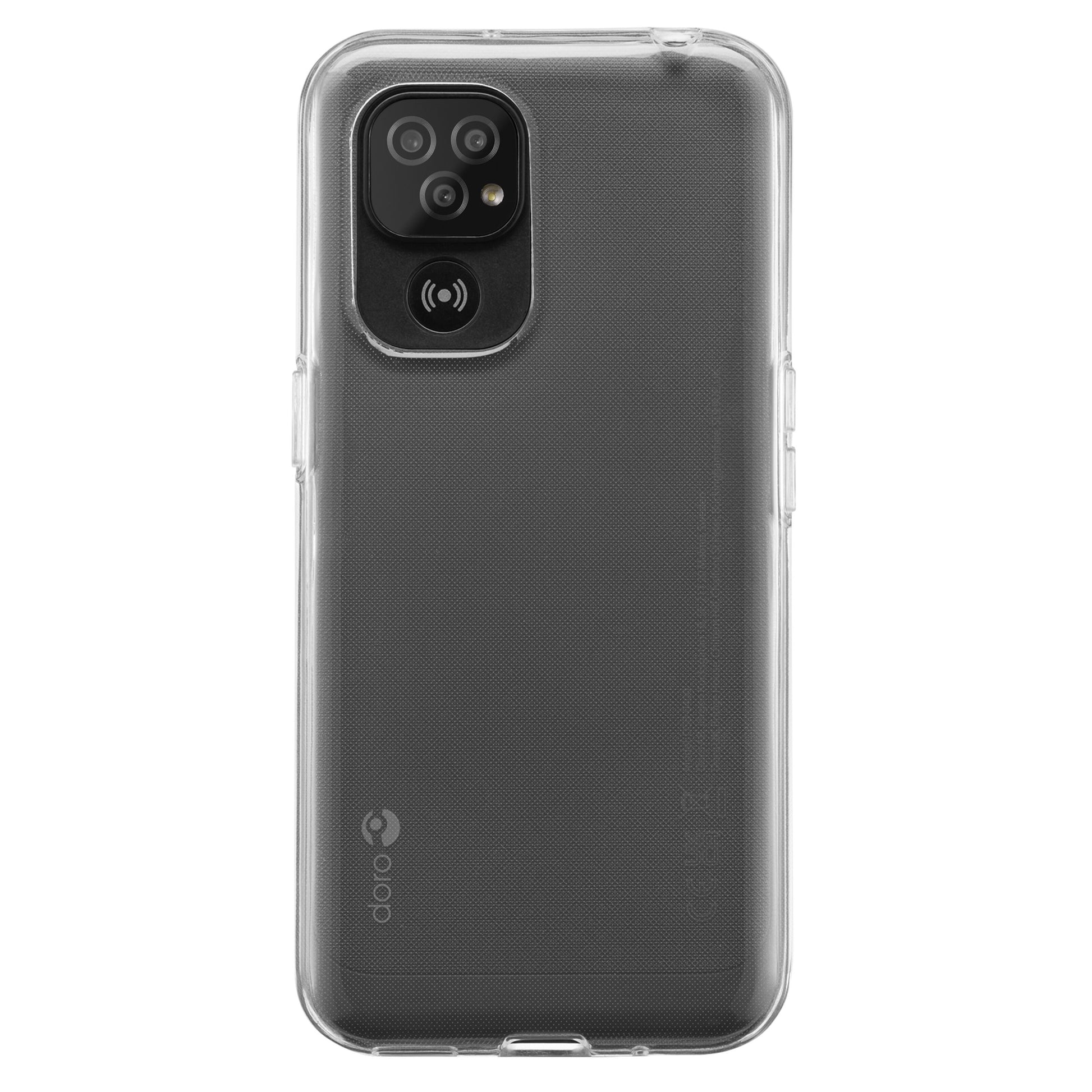 Doro gennemsigtigt cover til Doro 8110/8210 på sort smartphone med to bagkameraer, cirkulært sensorfelt, Doro-logo nederst.