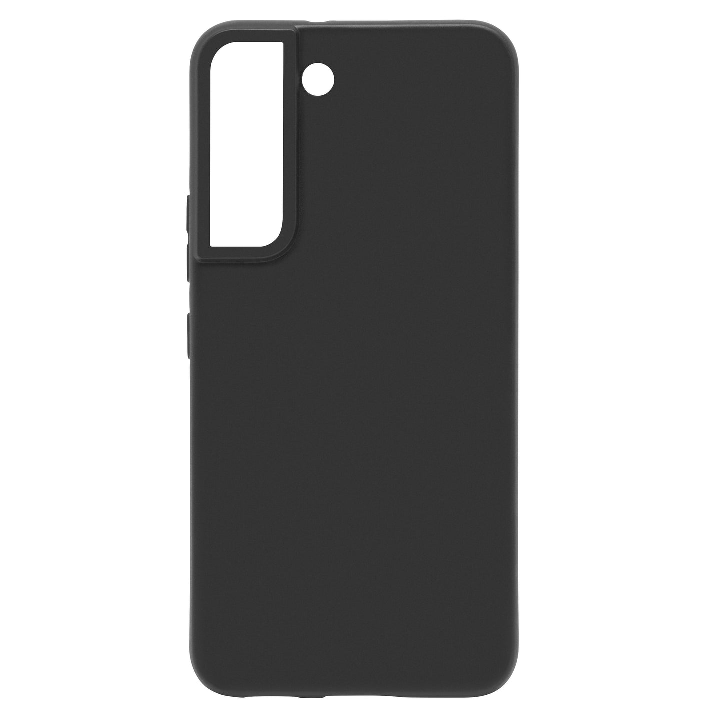 Second Skin mobilcover til Galaxy S22 sort silikone, stort rektangulært kamera- og flashudskæring, ekstra rund udskæring, knapper venstre.