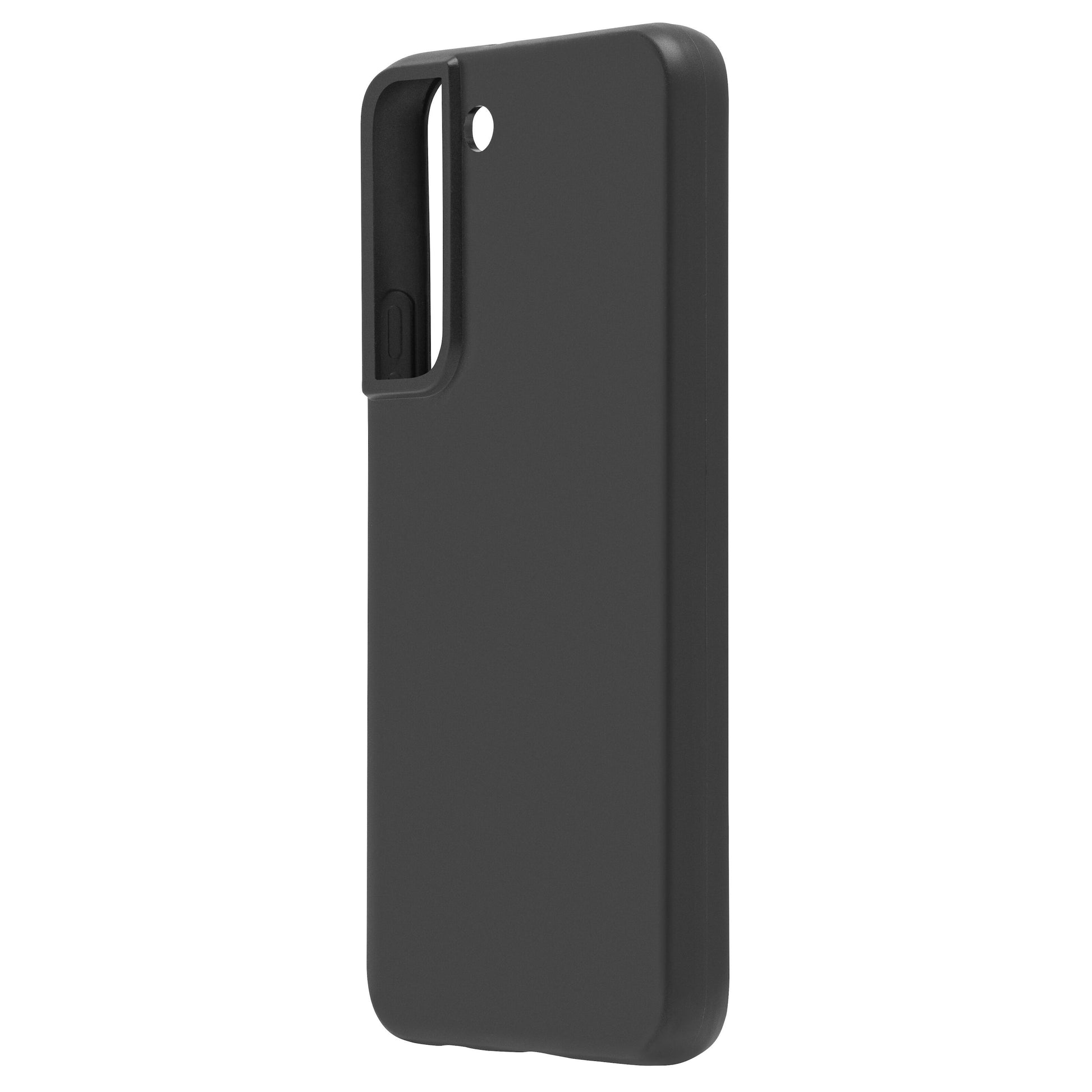 Sort Second skin cover til Samsung Galaxy S22 med forhøjet kant om kamerahullet, bagside og side synlig.