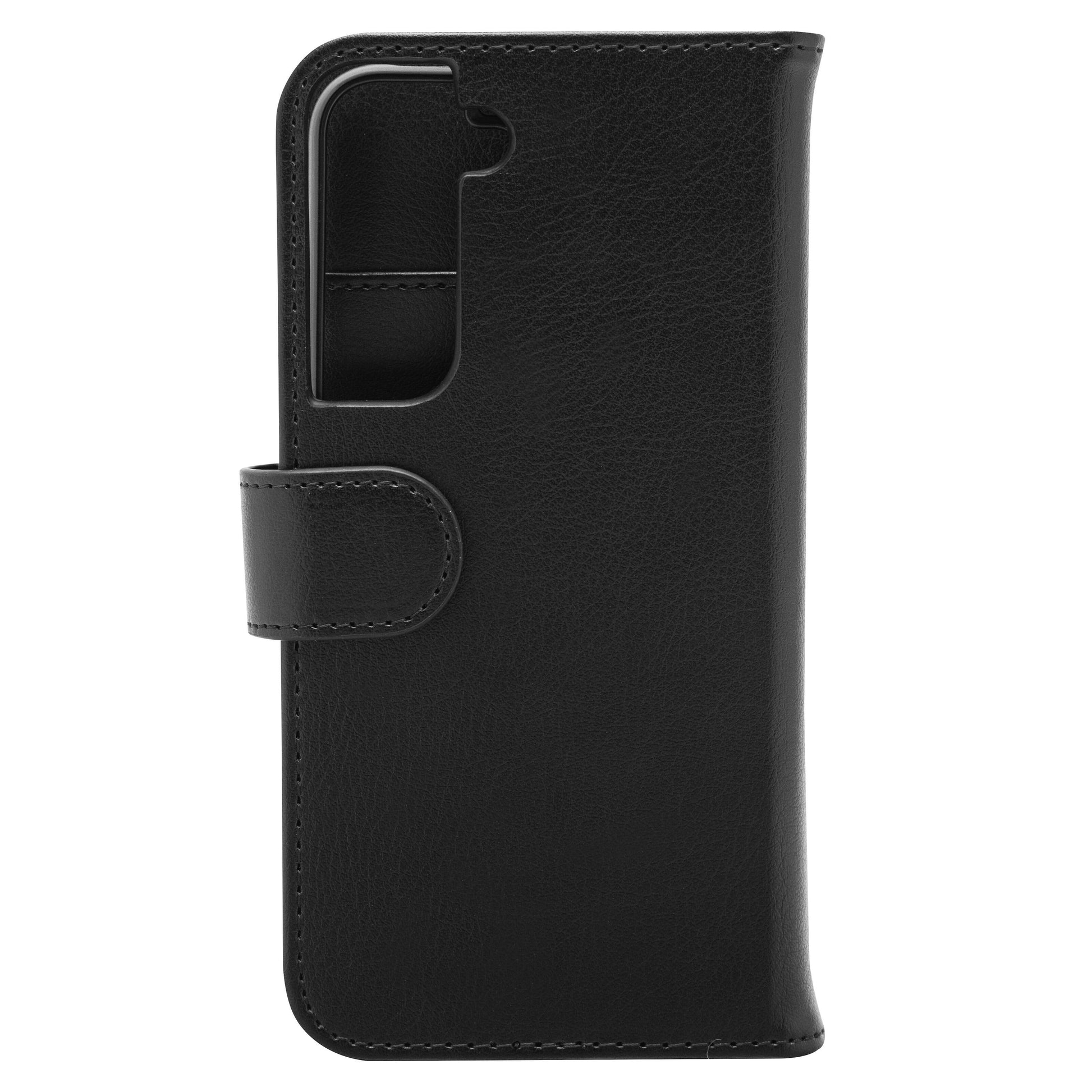 Linocell 2-i-1 mobilpung til Galaxy S22 sort læder-cover med magnetlukning, kamerahul og synlige syninger.