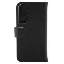 Linocell 2-i-1 mobilpung til Galaxy S22 sort læder-cover med magnetlukning, kamerahul og synlige syninger.