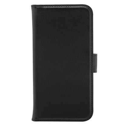 Linocell mobilpung i sort læder til Galaxy S22 med synlig sideklap og markerede syninger.
