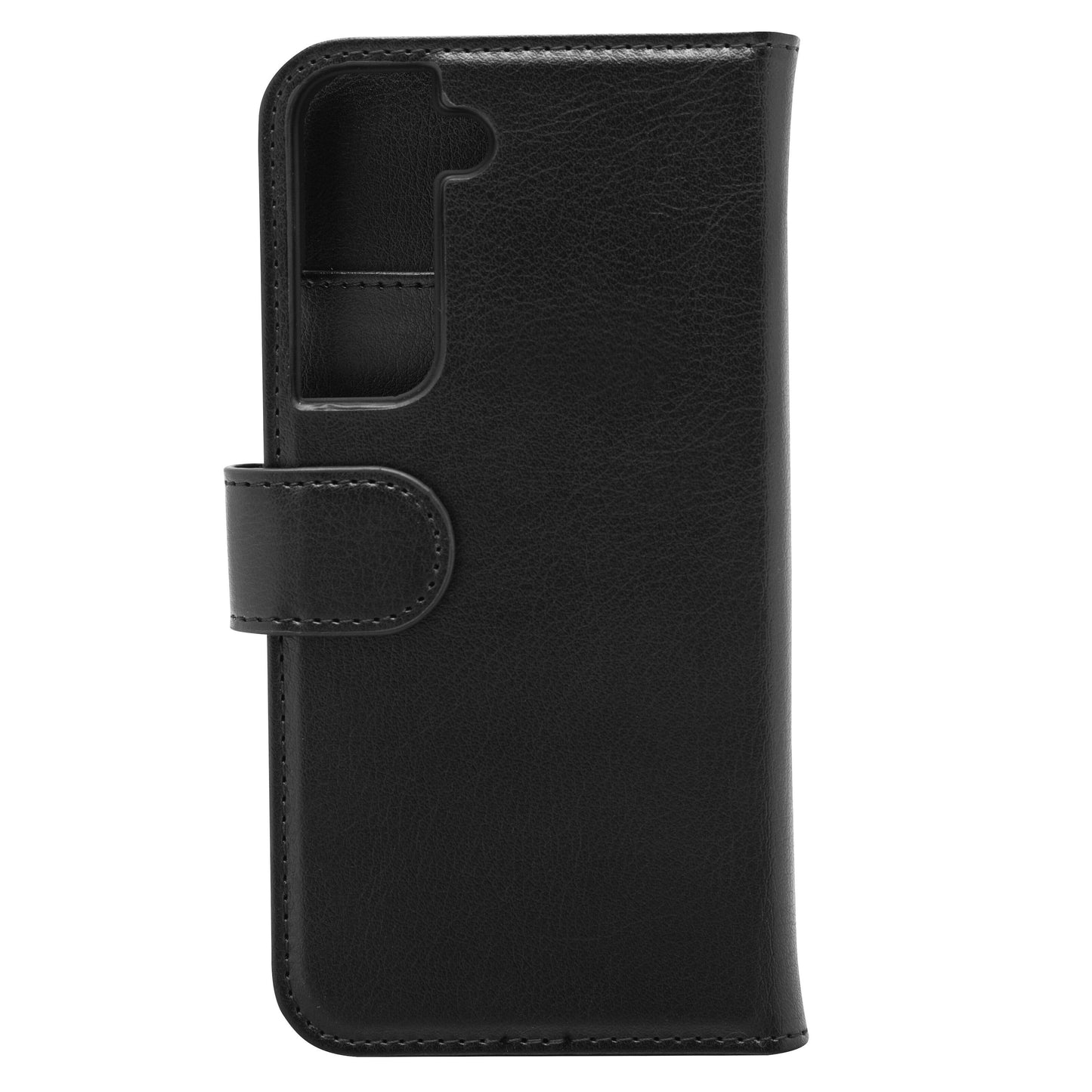 Sort lædercover til Galaxy S22 med magnetlukning, kamerahul og lukket design.