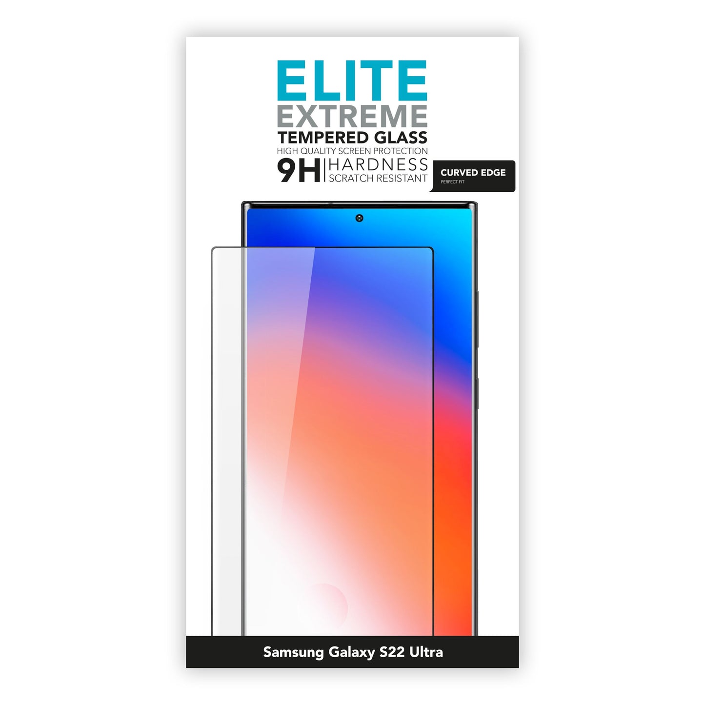 Linocell Elite Extreme Curved skærmbeskytter 9H, curved edge til Samsung Galaxy S22 Ultra, æske med telefon og beskytter.