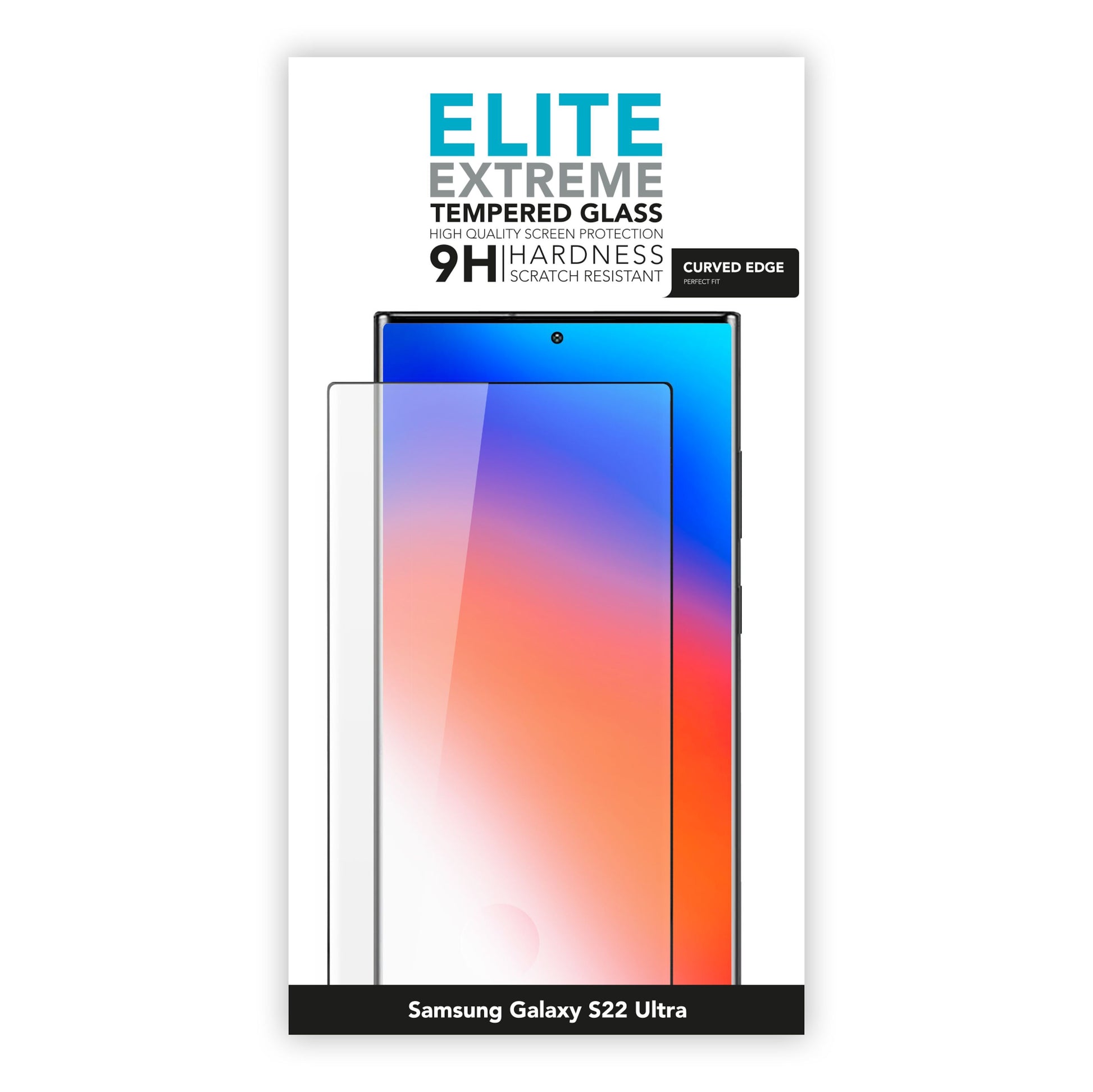 Linocell Elite Extreme Curved skærmbeskytter 9H, curved edge til Samsung Galaxy S22 Ultra, æske med telefon og beskytter.