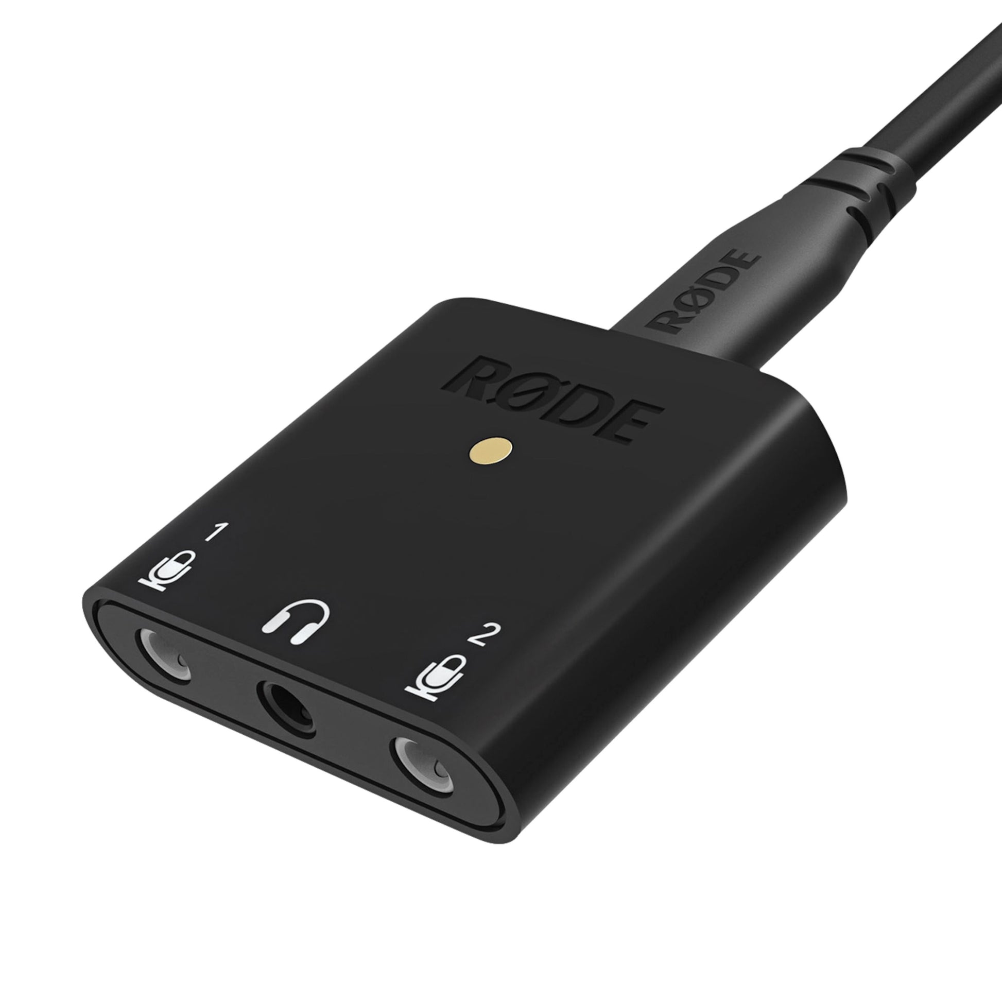 Røde AI-Micro mikrofonadapter med to indgange markeret 1 og 2, front hovedtelefonudgang, bagudgående kabel.