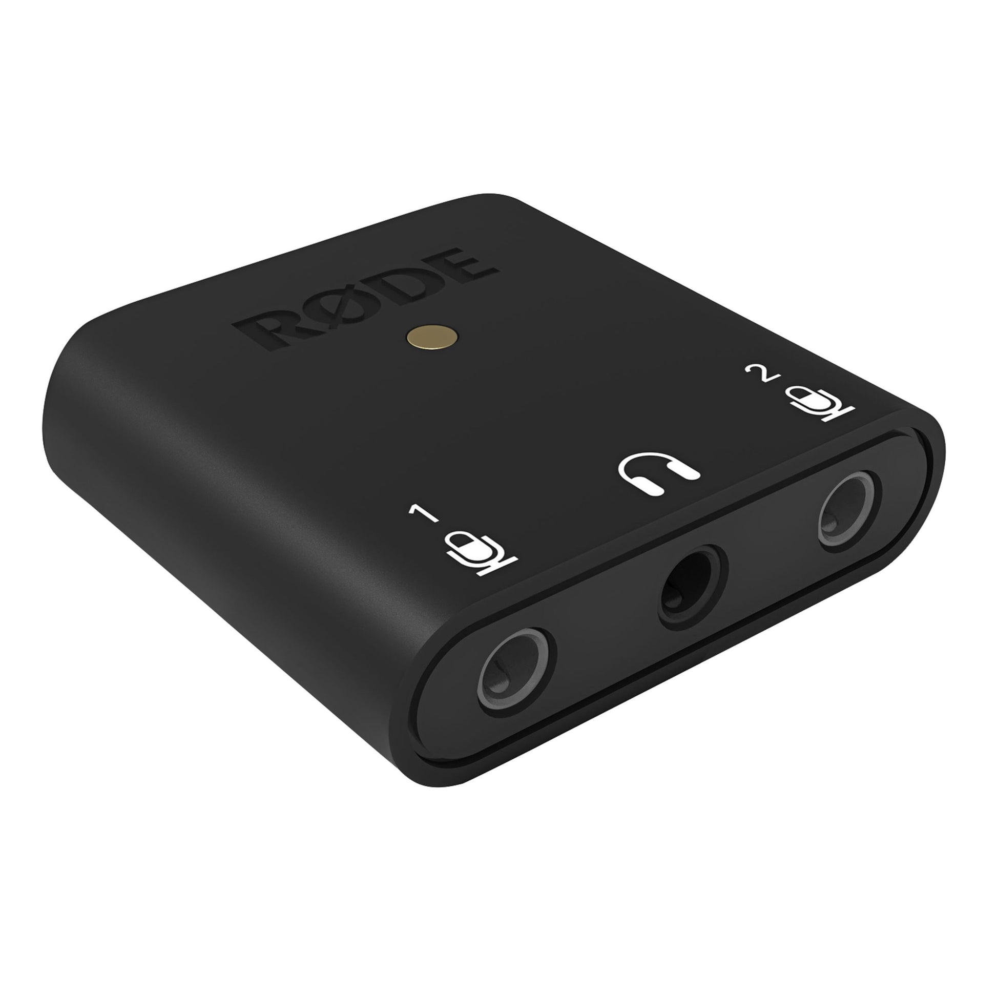 Røde AI-Micro mikrofonadapter sort med to indgange, en hovedtelefonudgang, kompakt design, stik tydeligt markeret.