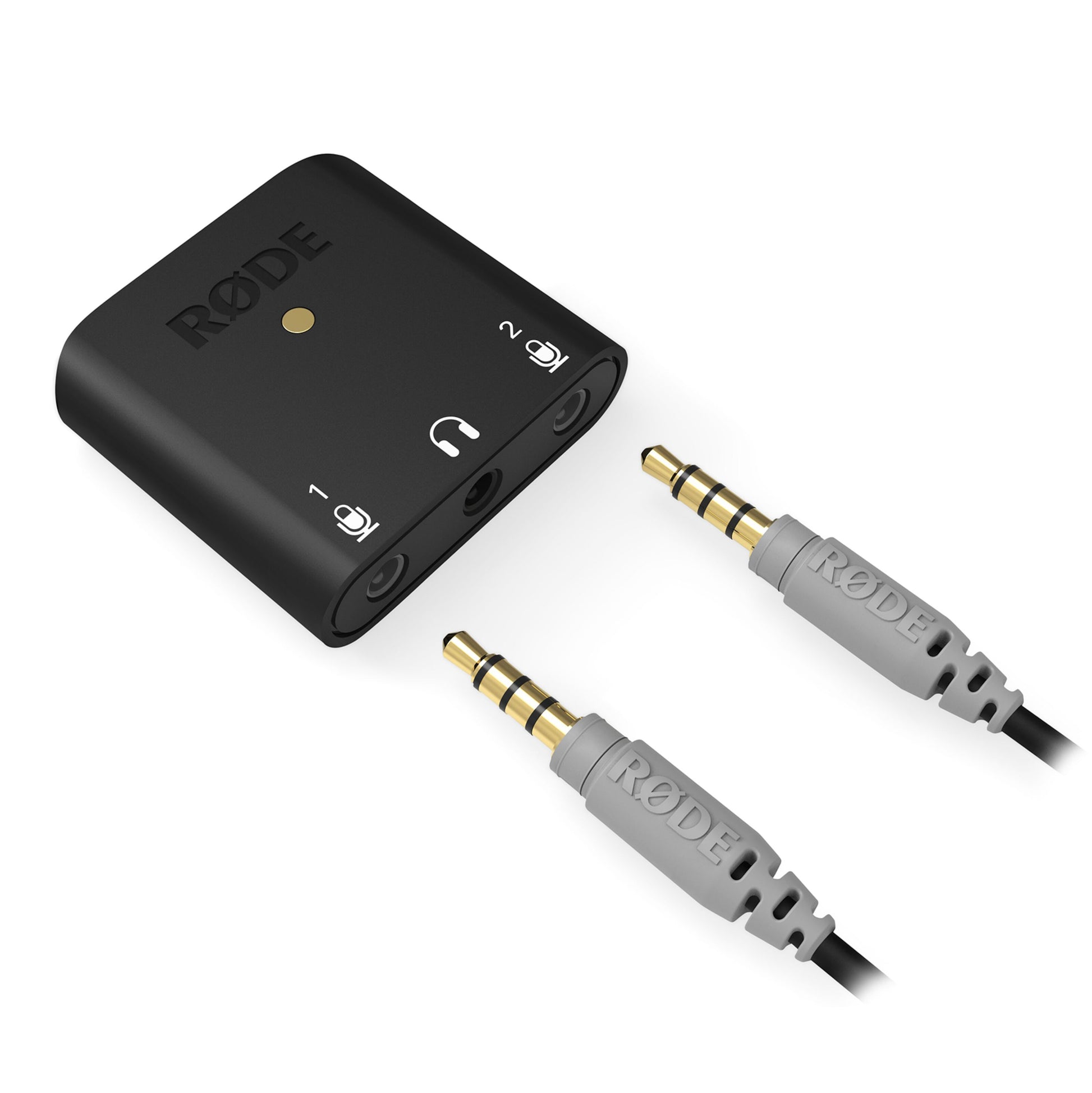 Røde AI-Micro mikrofonadapter i sort med til tydeligt markerede porte og til grå 3,5 mm lydkabler med Røde-logo.
