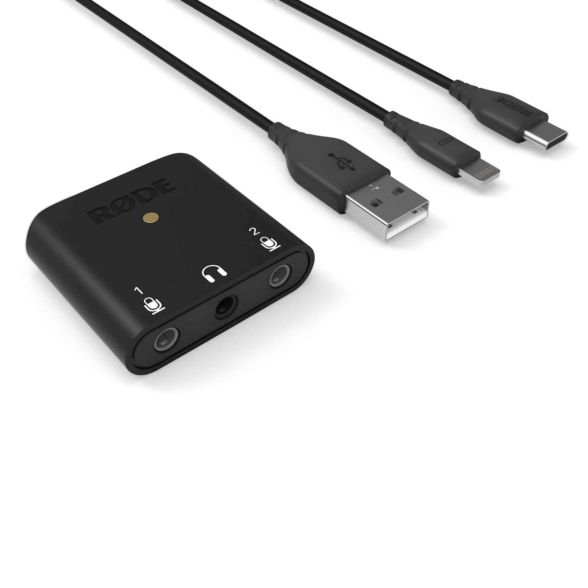 Røde AI-Micro mikrofonadapter sort med to indgange, hovedtelefonstik og tre kabler: USB-A, Lightning, USB-C.