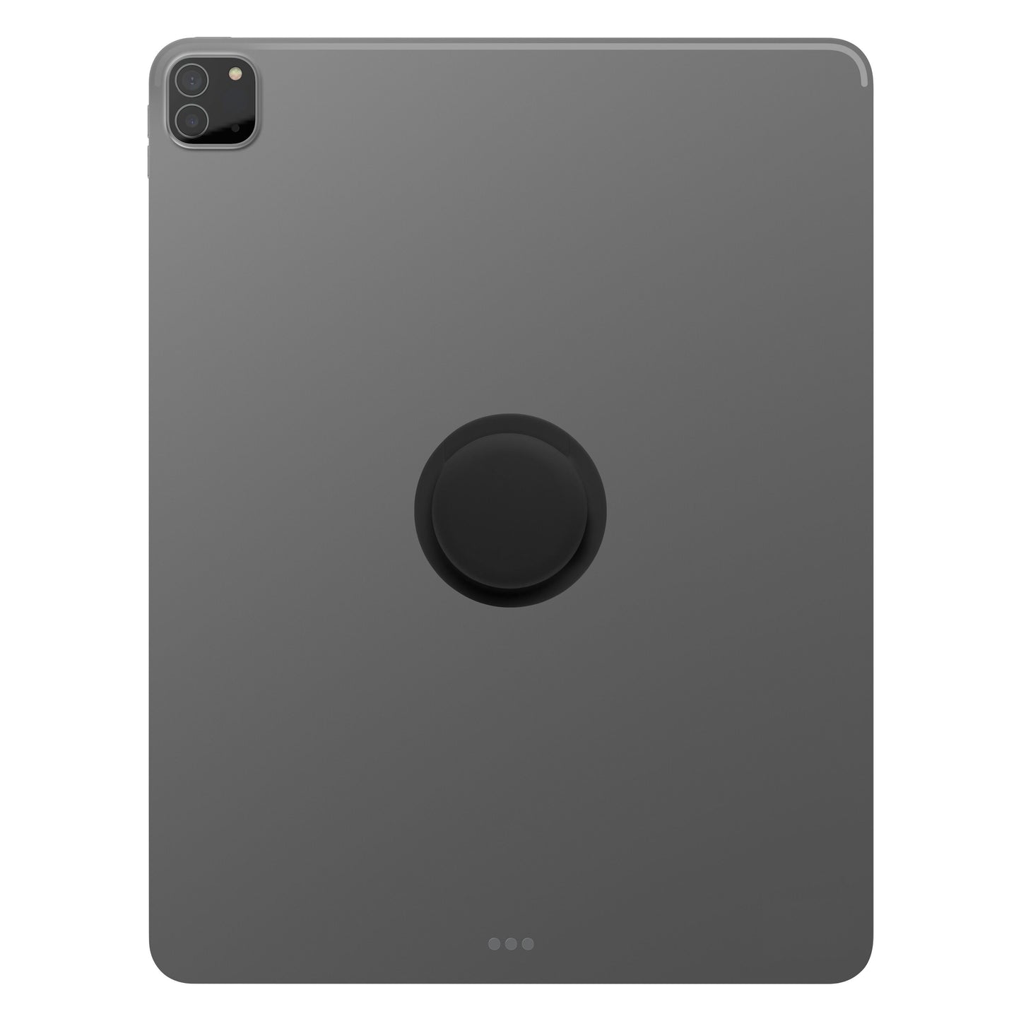 Grå tablet med bagkamera øverst til venstre og sort, hævet cirkulært greb monteret midt bagpå.