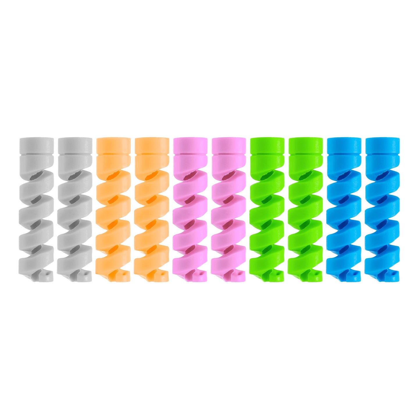 Kabelbeskyttelse 10-pak spiralformet, to stk. i grå, orange, pink, grøn og blå til opladerkabler.