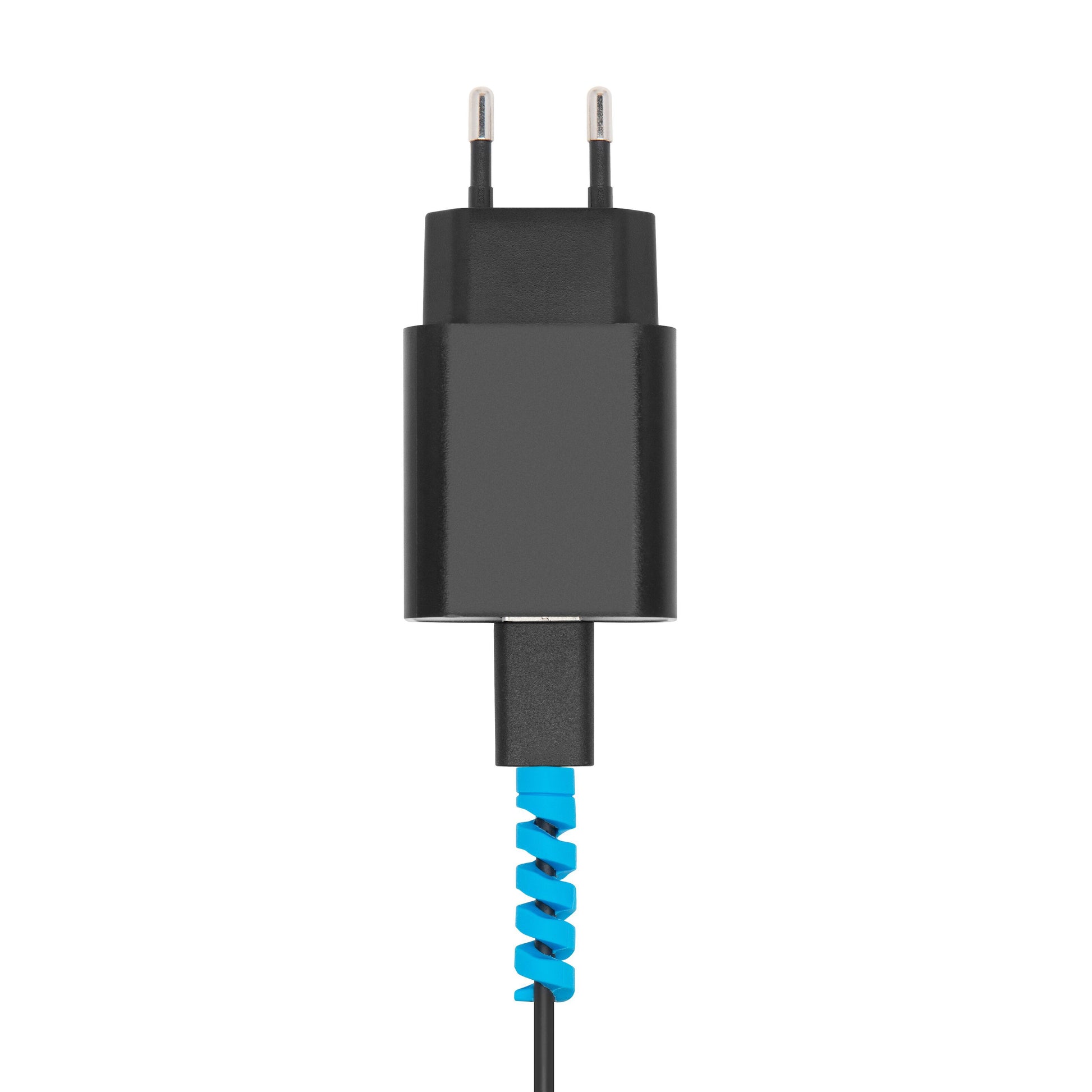 Sort vægoplader med to runde ben tilsluttet kabel med blå spiral kabelbeskyttere, 10-pak.