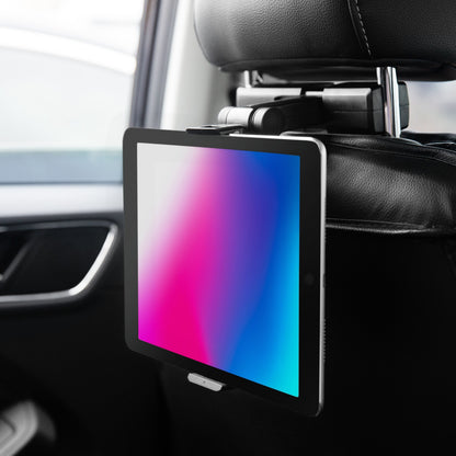 Linocell tabletholder til bil med 360° rotation monteret på nakkestøtte, holder tablet med farvet skærm, bilinteriør synligt.