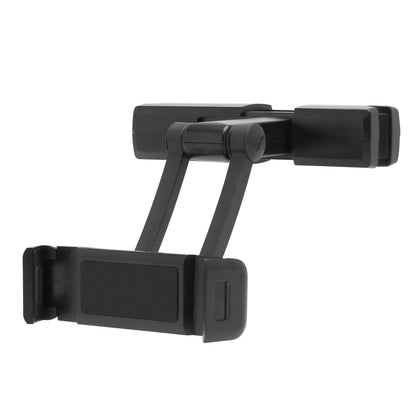 Linocell tabletholder til bil, sort, justerbar med 360° rotation, nakkestøttebeslag og udtrækkelig arm til tablet/smartphone.