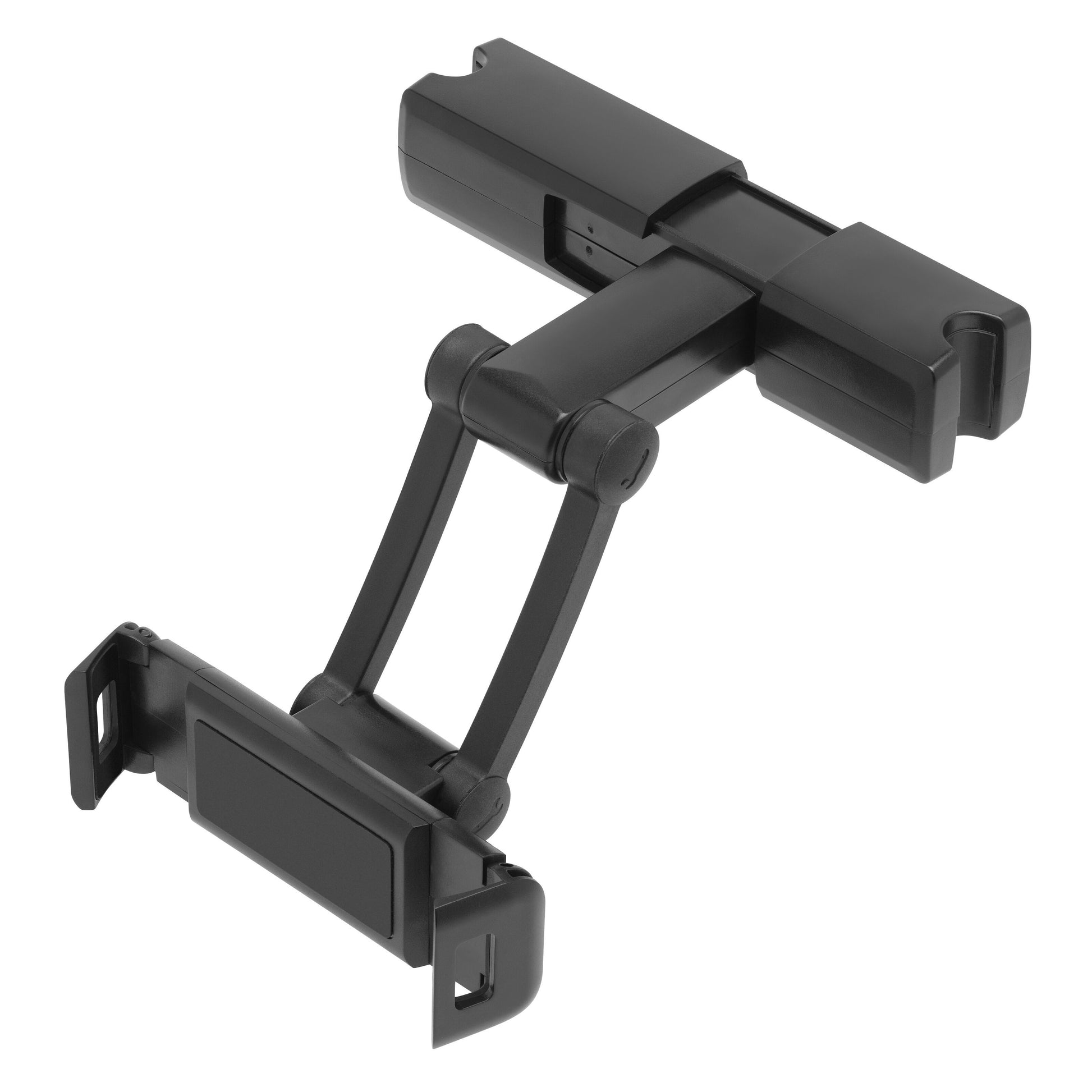 Linocell tabletholder til bil med udtrækkelige arme, klemmer og 360° rotation til nakkestøttebeslag.