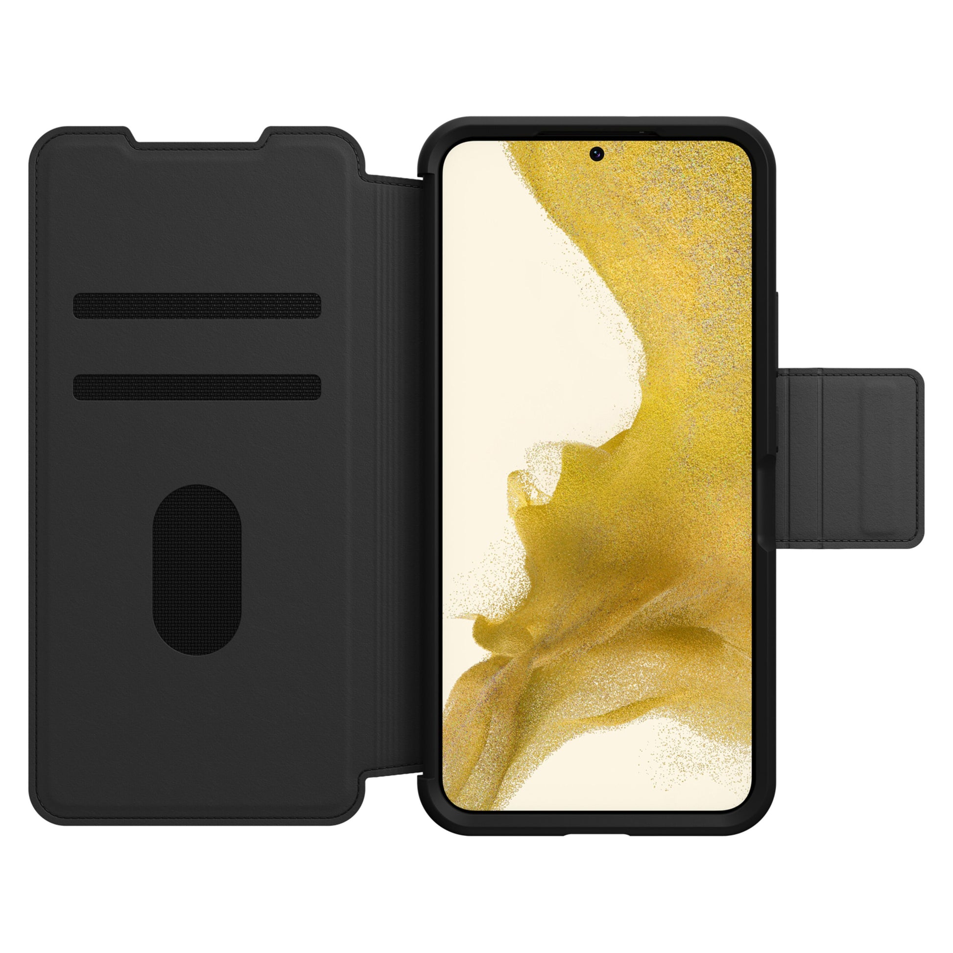 Samsung Galaxy S22 Plus i sort Otterbox Strada læder-etui med kortlommer, indvendige lommer og gul tapet på skærmen.