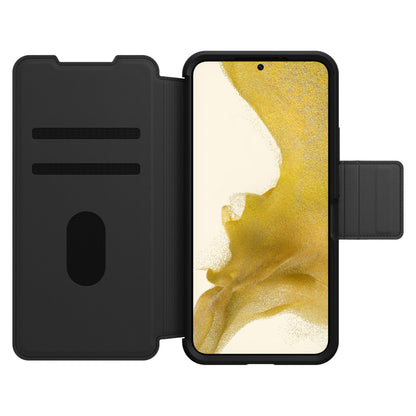 Samsung Galaxy S22 Plus i sort Otterbox Strada læder-etui med kortlommer, indvendige lommer og gul tapet på skærmen.
