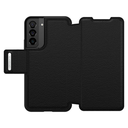 Otterbox Strada læder pungetui til Galaxy S22 Plus sort med magnetlukning, synlige bagkameraer og inderside.