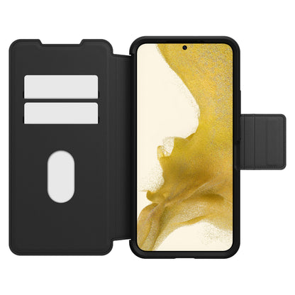 Otterbox Strada læder pungetui sort til Galaxy S22 Plus, åbent med to kortlommer, vindue og DROP+-testet beskyttelse.