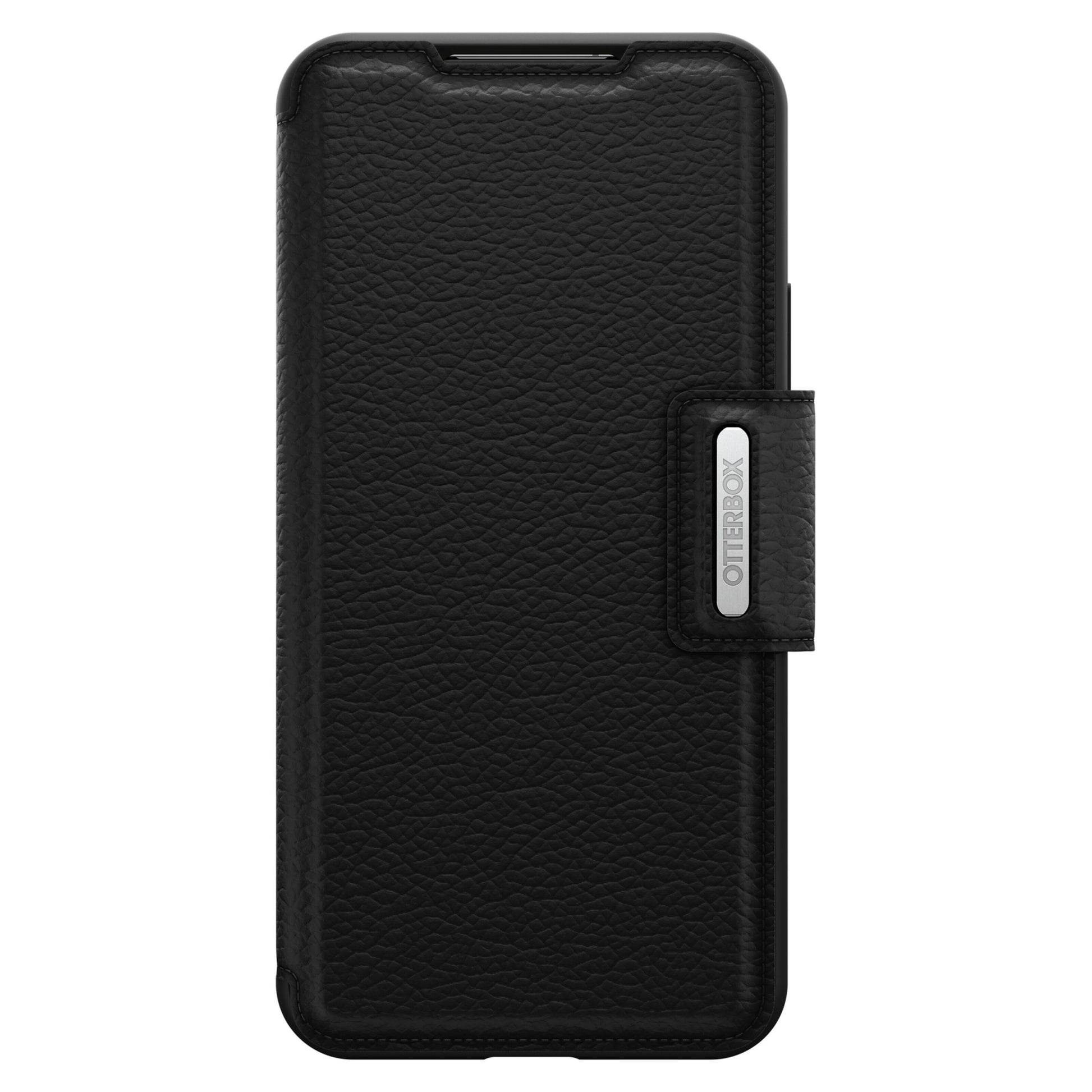 Otterbox Strada læder pungetui til Galaxy S22 Plus, tekstureret læder, sølv magnetlukning, DROP+-testet beskyttelse.