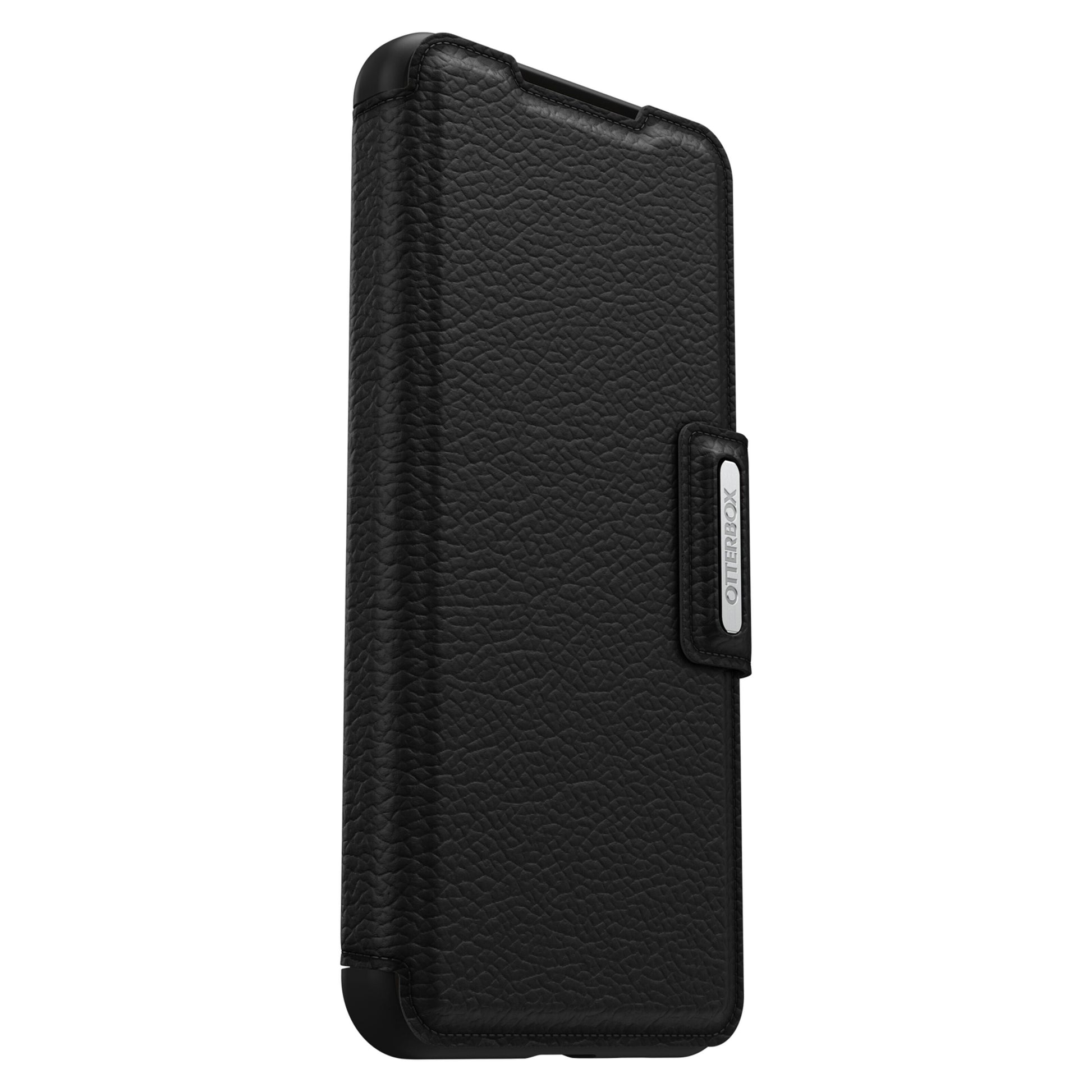 Otterbox Strada pungetui læder Galaxy S22 Plus, sort tekstur, frontcover, rundede kanter, sølv Otterbox-logo.