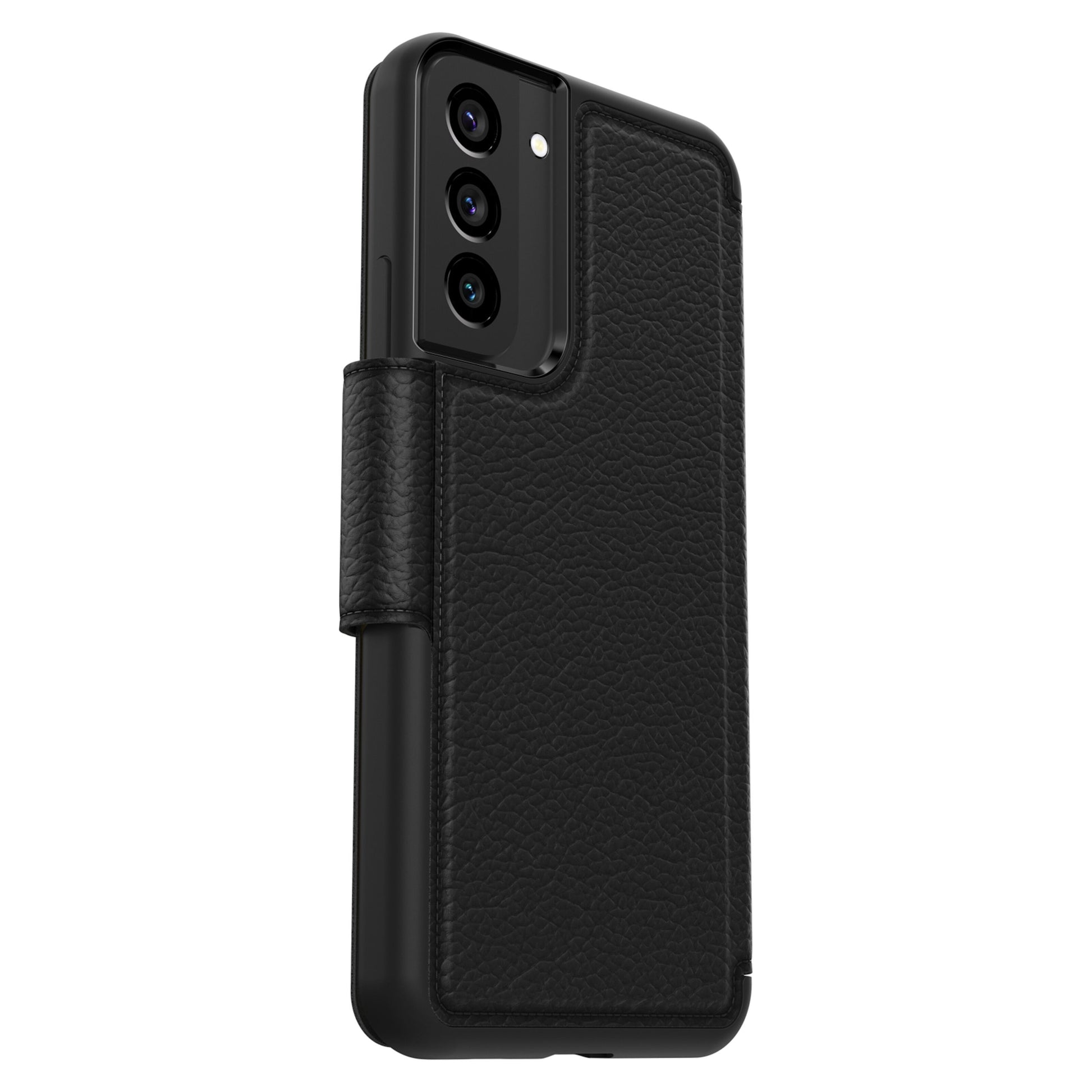 Otterbox Strada læder pungetui til Galaxy S22 Plus sort, tekstureret finish, plads til tre kameraer og blitz.