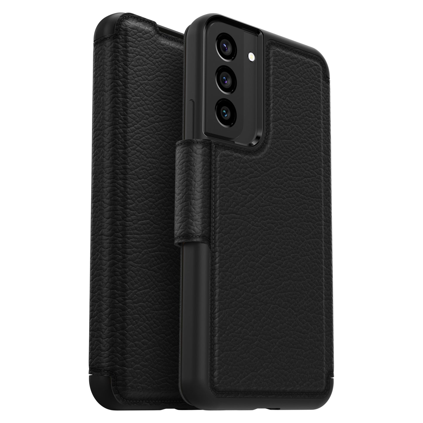 Otterbox Strada læder flip cover til Galaxy S22 Plus sort med kameratilpasning og DROP+-beskyttelse.