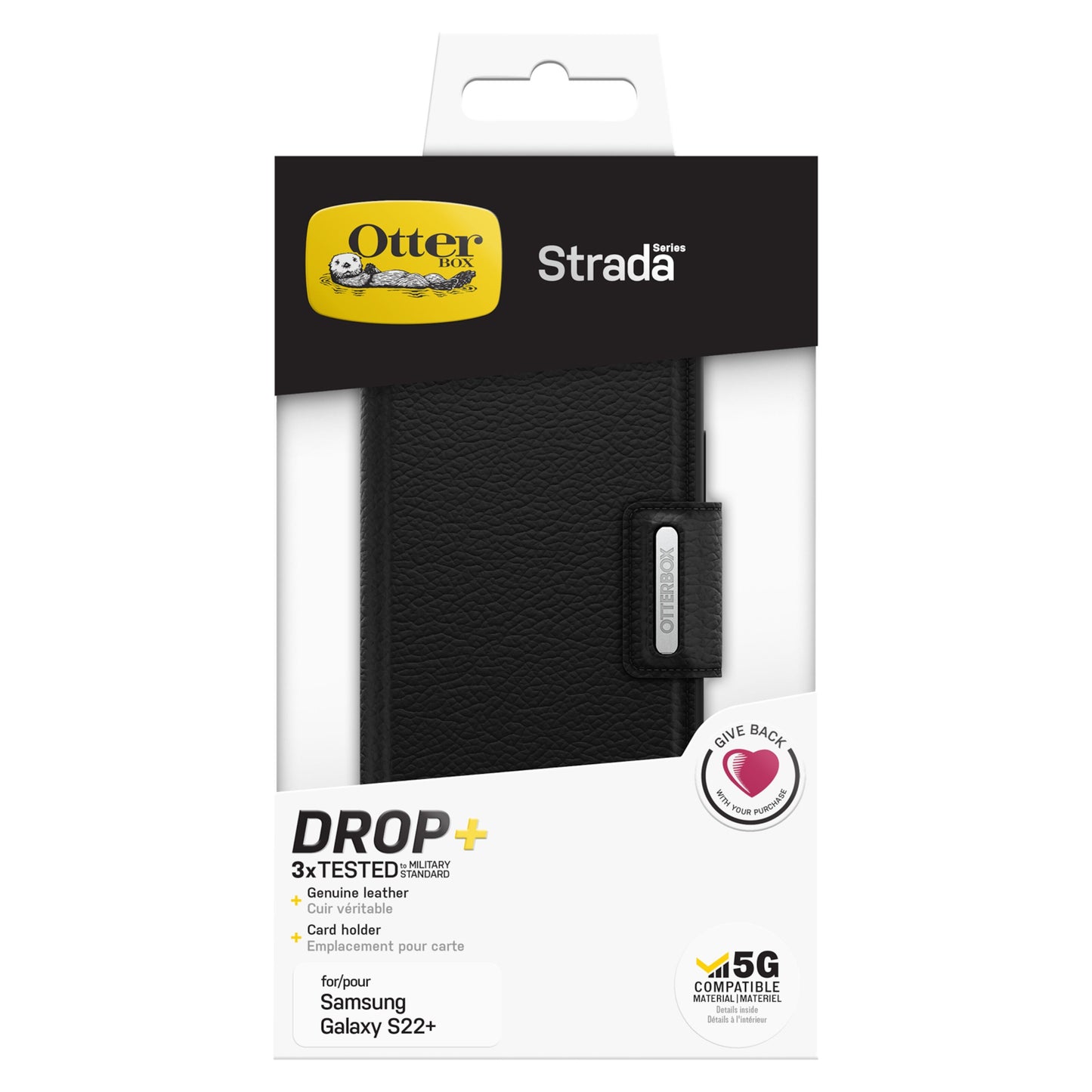 Otterbox Strada læder pungetui til Galaxy S22 Plus i emballage med DROP+-beskyttelse, kortholder, 5G nævnt på æsken.