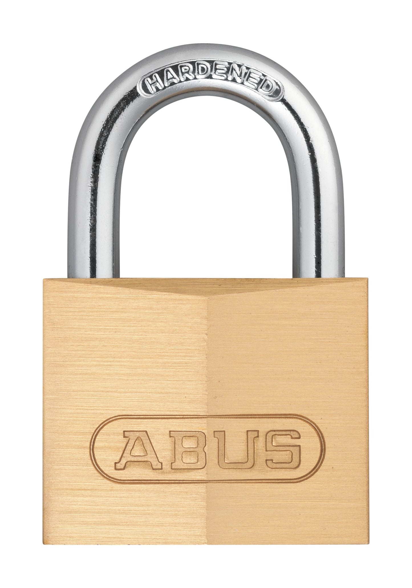 ABUS hængelås 40 mm i messing med sølvhærdet stålbøjle og Abus-logo indgraveret på fronten.