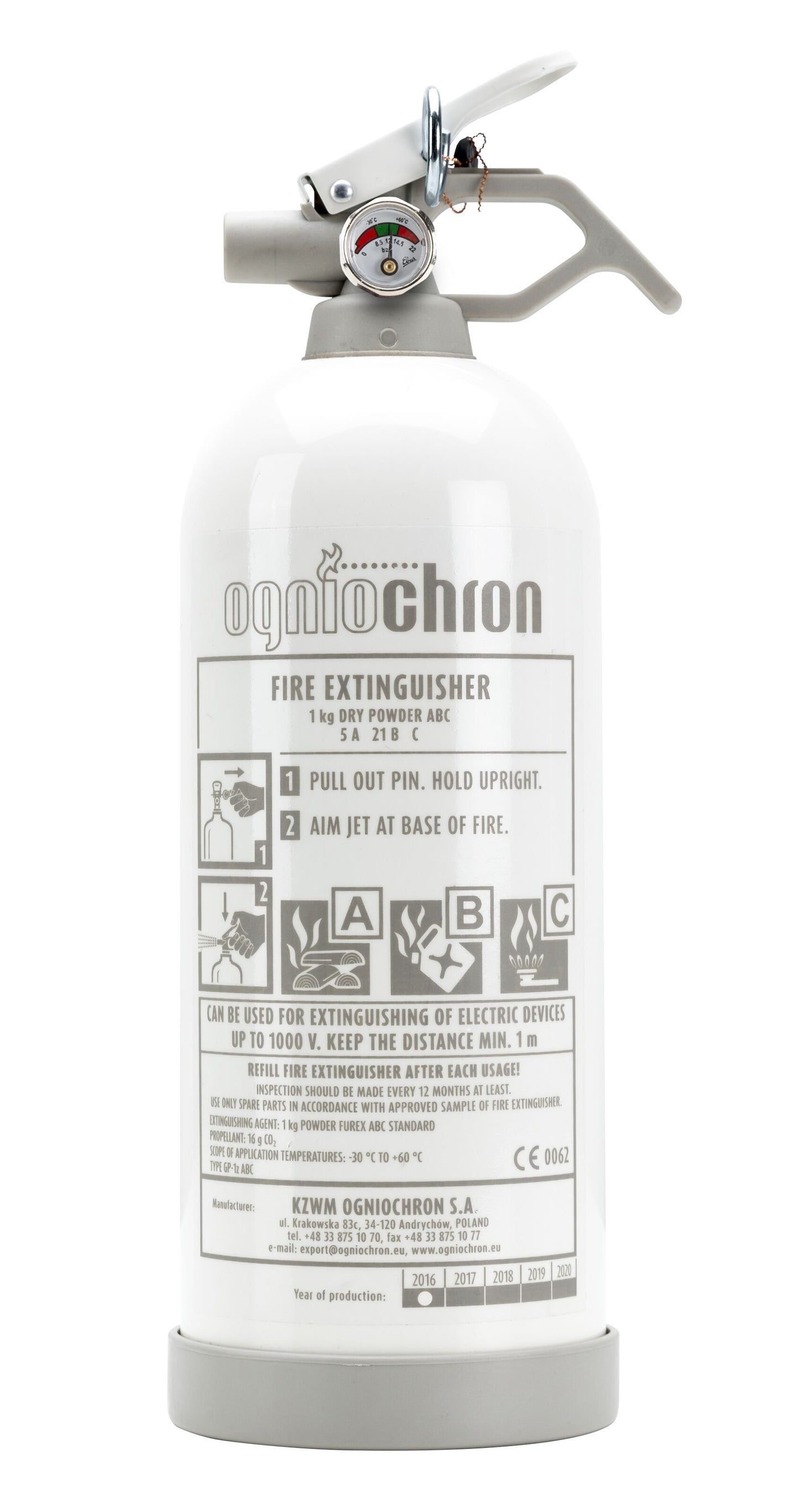 Ogniochron pulver brandslukker 1 kg hvid med trykmåler og front-trykte brugsanvisninger og tekniske specifikationer.