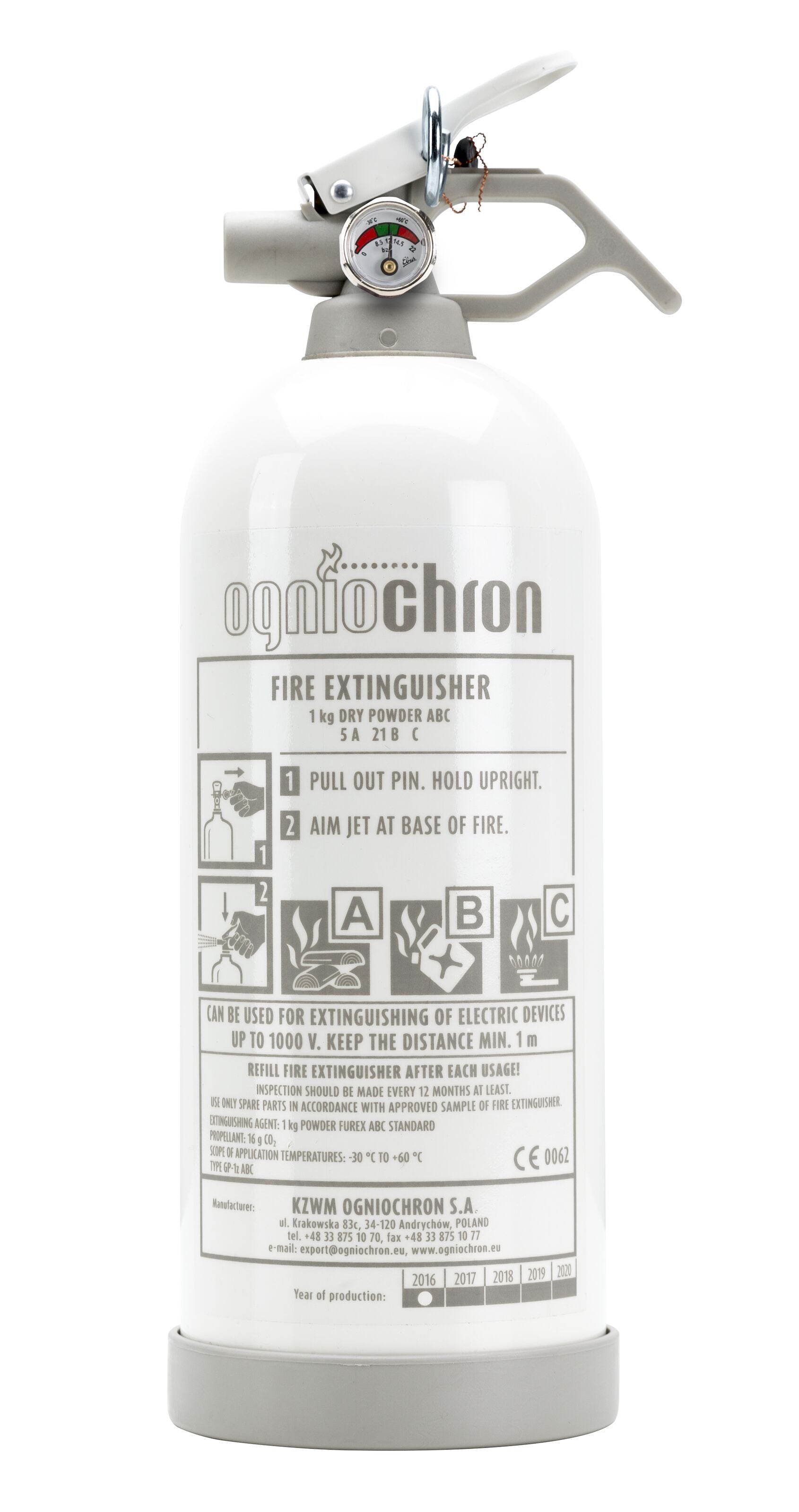 Ogniochron pulver brandslukker 1 kg hvid med trykmåler og front-trykte brugsanvisninger og tekniske specifikationer.