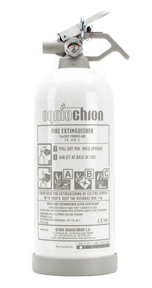Ogniochron pulver brandslukker 1 kg hvid med trykmåler og front-trykte brugsanvisninger og tekniske specifikationer.