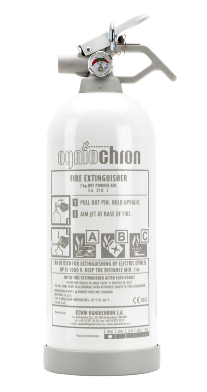 Ogniochron pulver brandslukker 1 kg hvid med trykmåler og front-trykte brugsanvisninger og tekniske specifikationer.