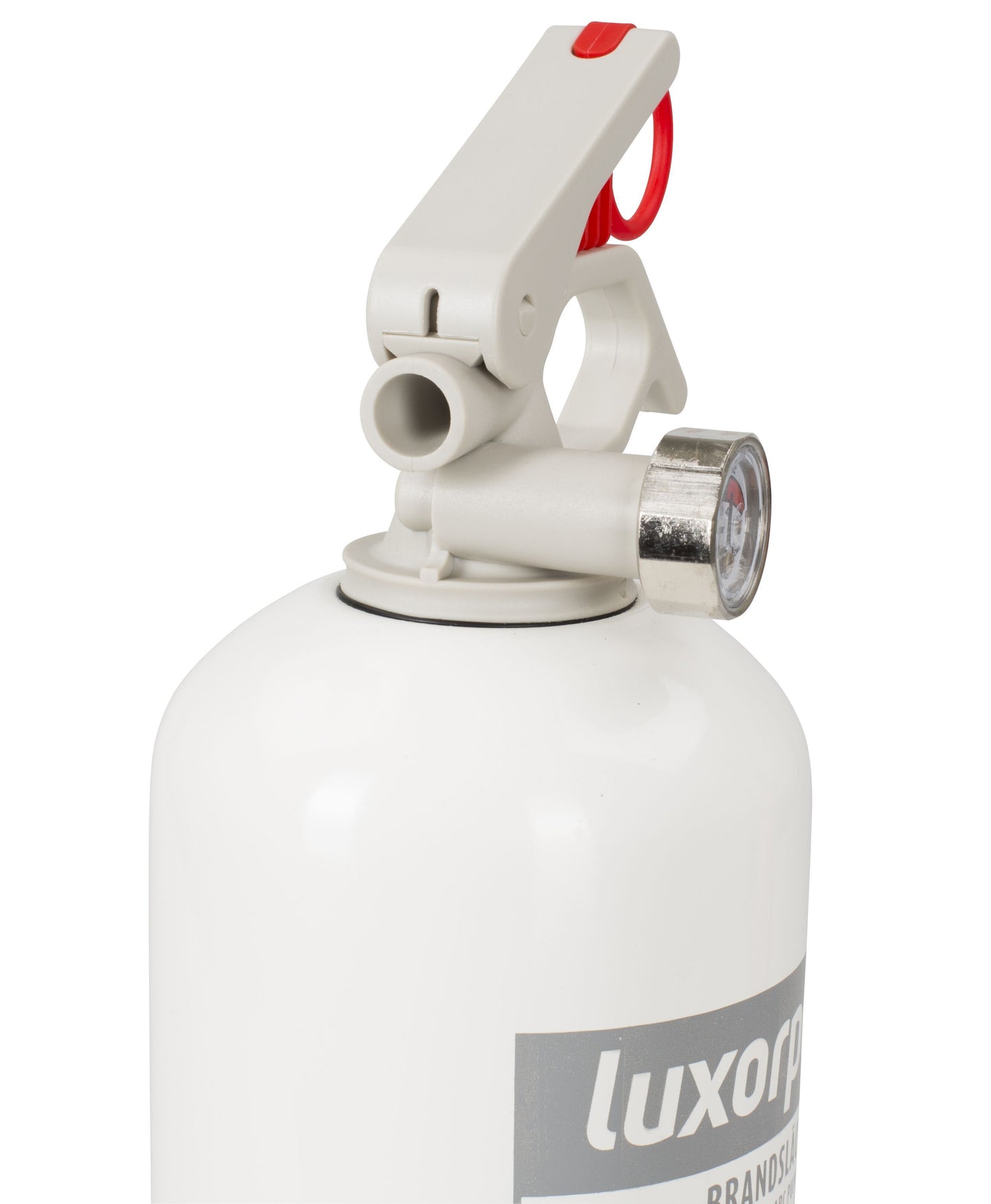 Ogniochron brandslukker pulver 1 kg hvid, top med håndtag, trykmåler, dyse og rød sikringssplit.