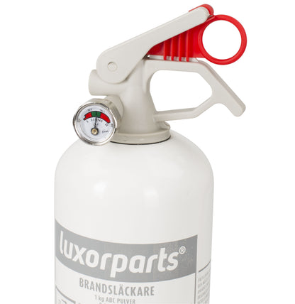 Ogniochron 1 kg hvid pulver brandslukker med rødt håndtag, trykmåler og grå label med svensk tekst.