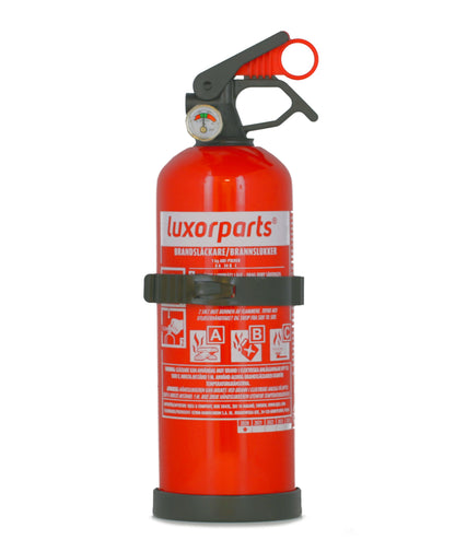 Ogniochron rød pulverslukker 1 kg med sort slange, håndtag, trykmåler, instruktioner og brandsymboler.