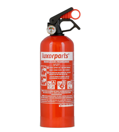 Ogniochron rød 1 kg pulver brandslukker med sort dyse, trykmåler og rød split, ABC-ikoner og instruktion på svensk/norsk.