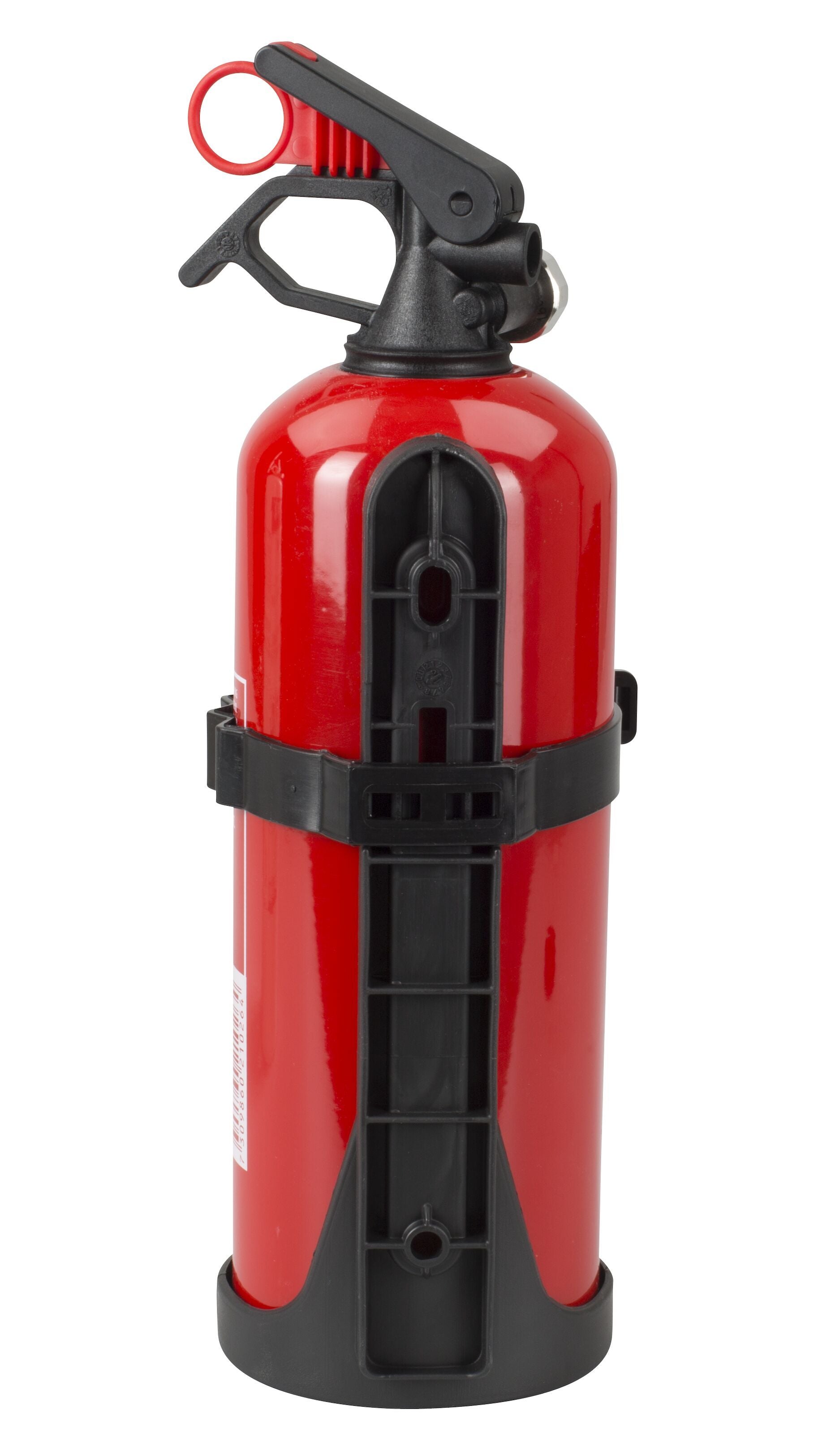 Ogniochron brandslukker pulver 1 kg rød kompakt, sort håndtag og vægbeslag, sikkerhedssplit og dyse.
