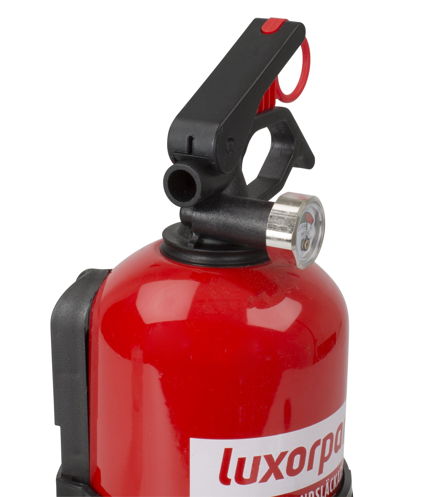 Ogniochron brandslukker pulver 1 kg rød, topdel med håndtag, dyse, trykmåler og delvist luxorpa-logo på kroppen.