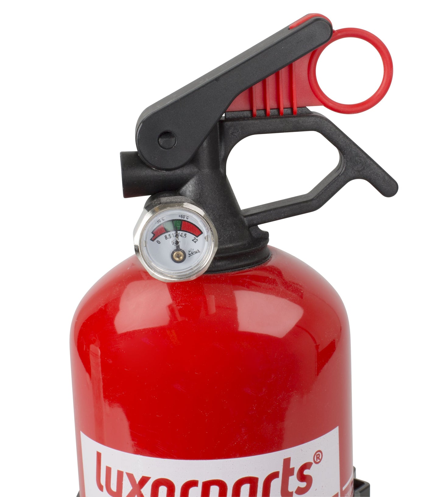 Ogniochron brandslukker pulver 1 kg rød, sort håndtag, trykmåler i grønt filt, delvist synligt label foran.