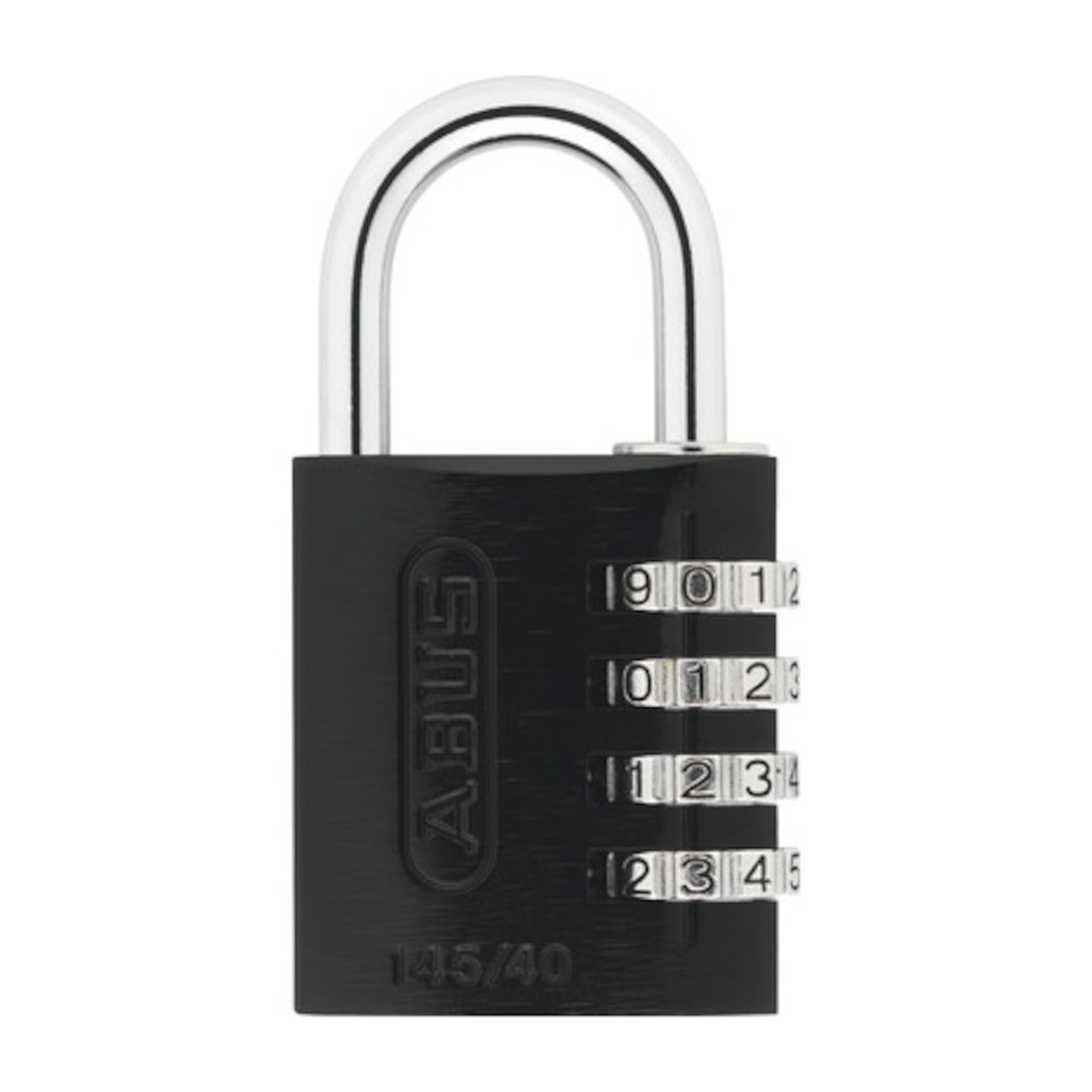 ABUS Kombinationslås 40 mm sort hængelås med sølv bøjle, fire talkodere sat til 9011, ABUS-logo på siden.