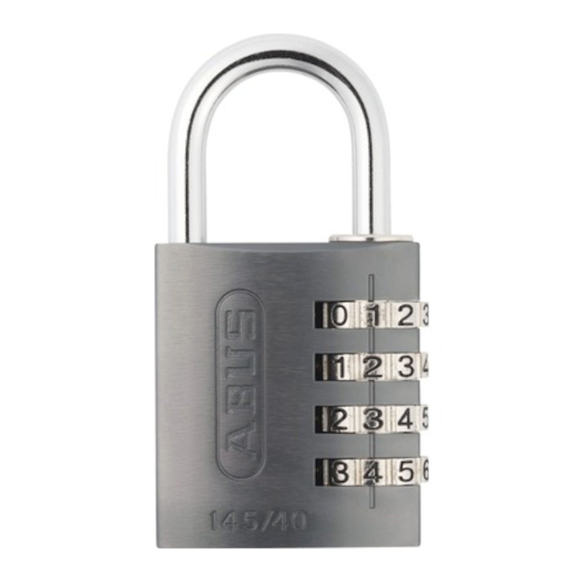 ABUS kombinationslås 40 mm, sølv, fire drejeskiver 0-9, model 145/40 indgraveret på fronten.