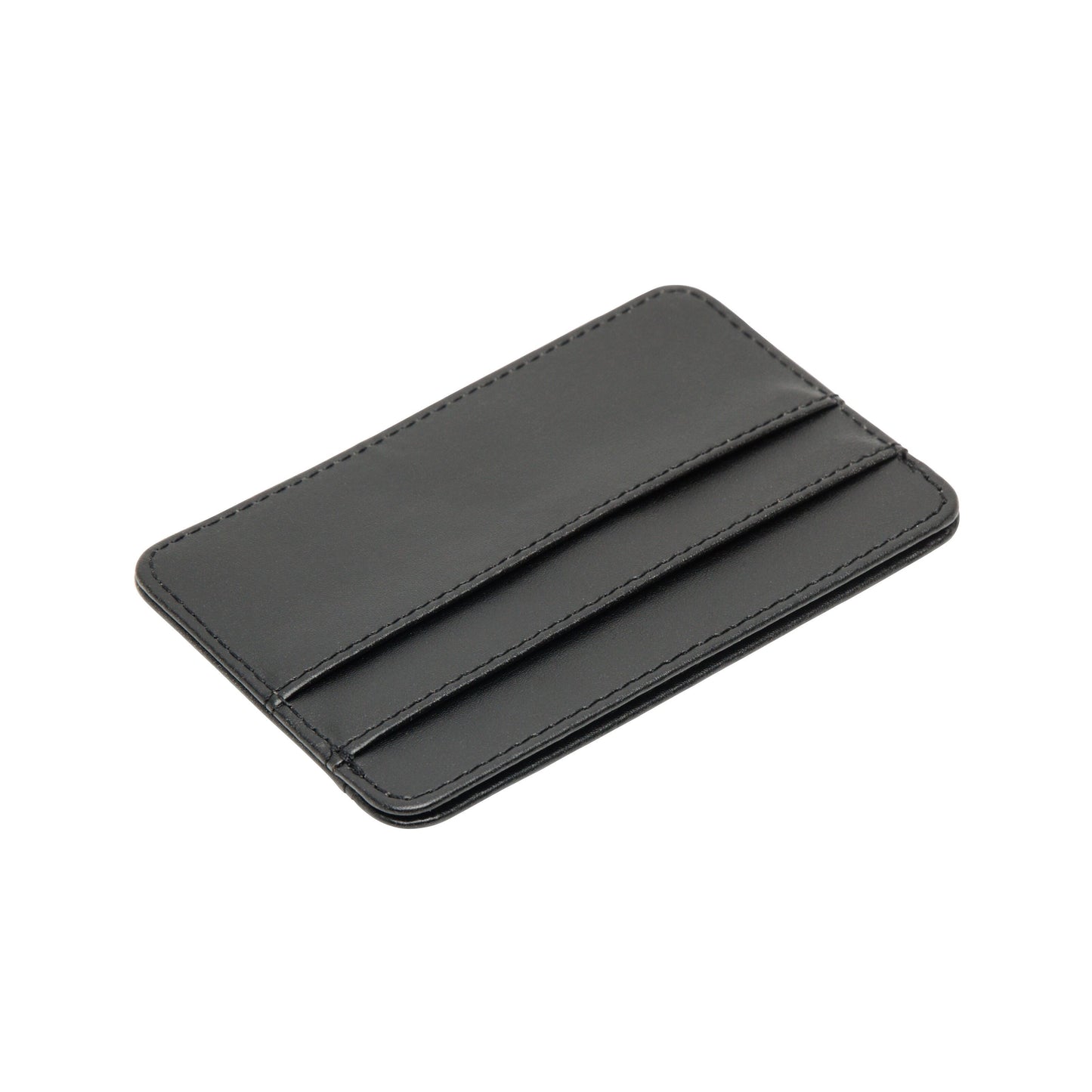 Rubicson RFID-kortholder i sort PU-læder med synlige stikninger, tre vandrette kortlommer, RFID-beskyttelse.