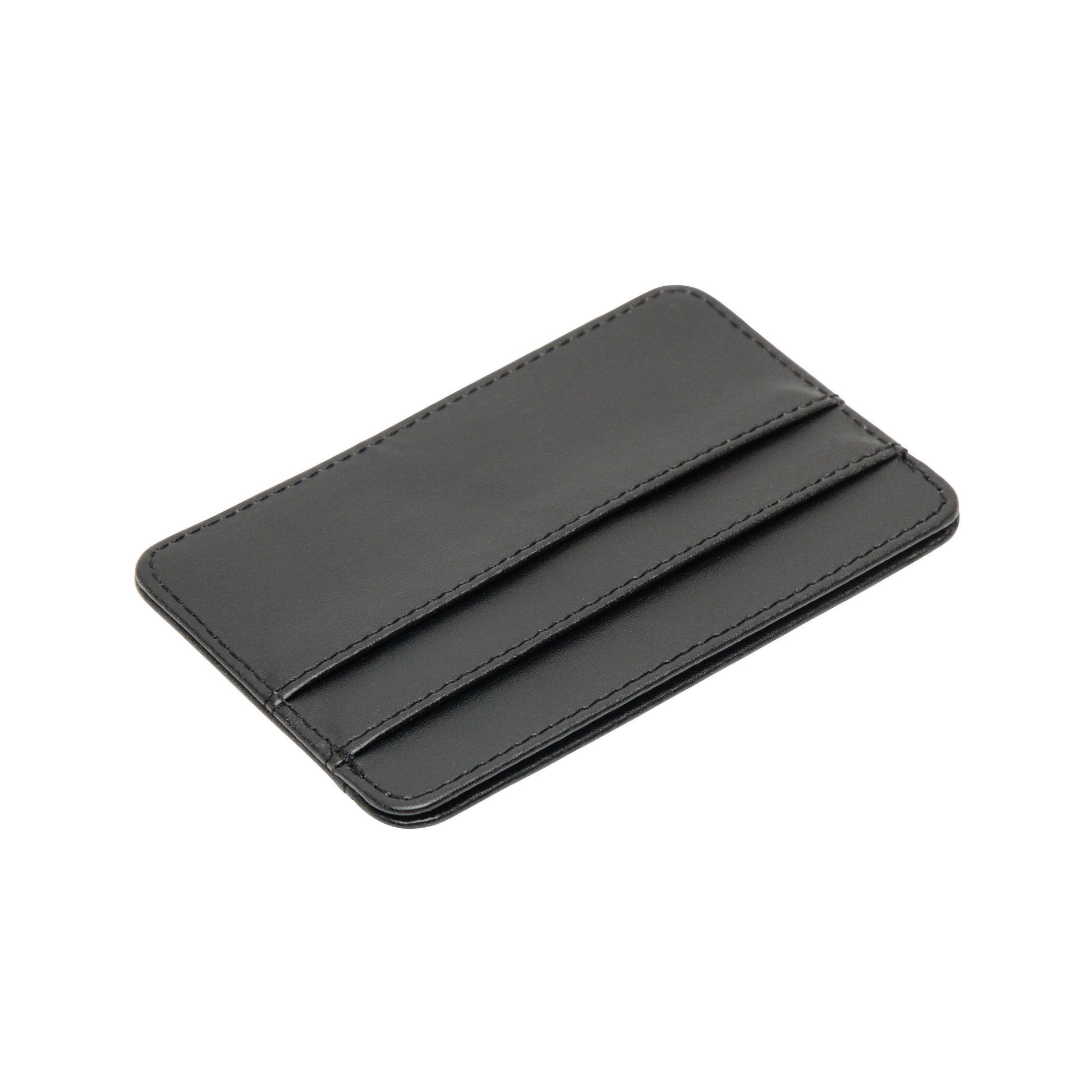 Rubicson RFID-kortholder i sort PU-læder med synlige stikninger, tre vandrette kortlommer, RFID-beskyttelse.