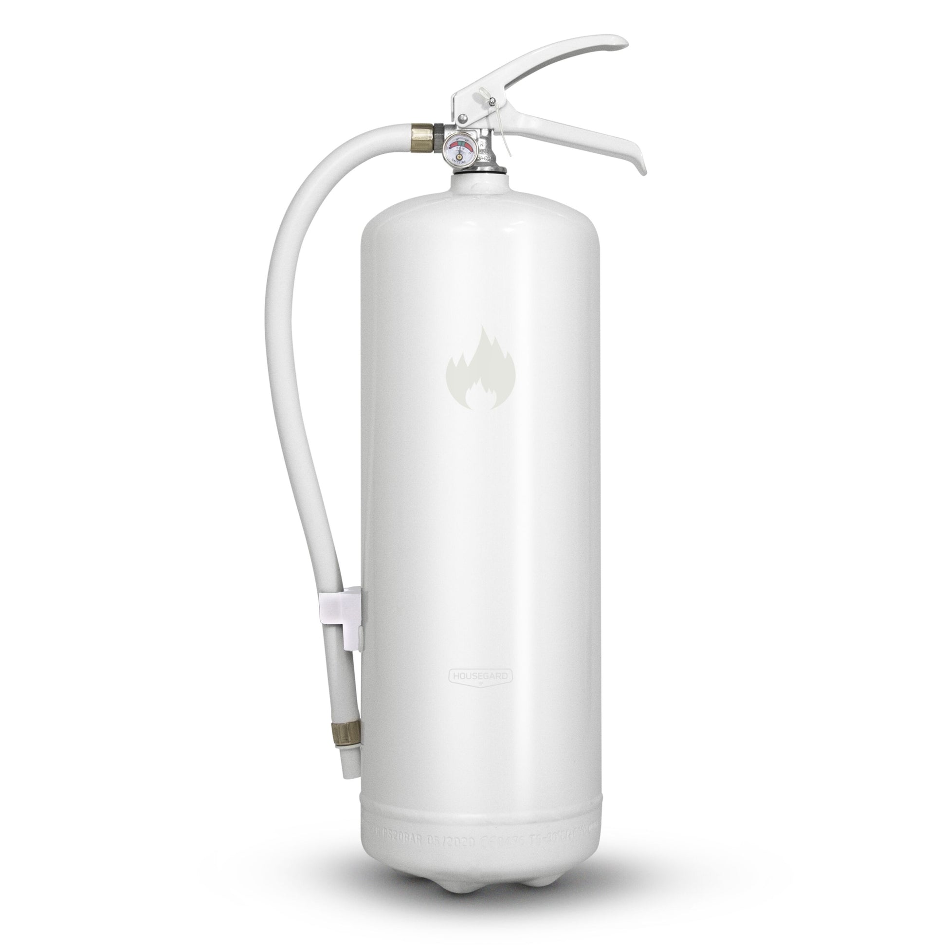 Housegard brandslukker Design Edition, pulver 6 kg, hvid med flamme-symbol på fronten og slange, står oprejst.