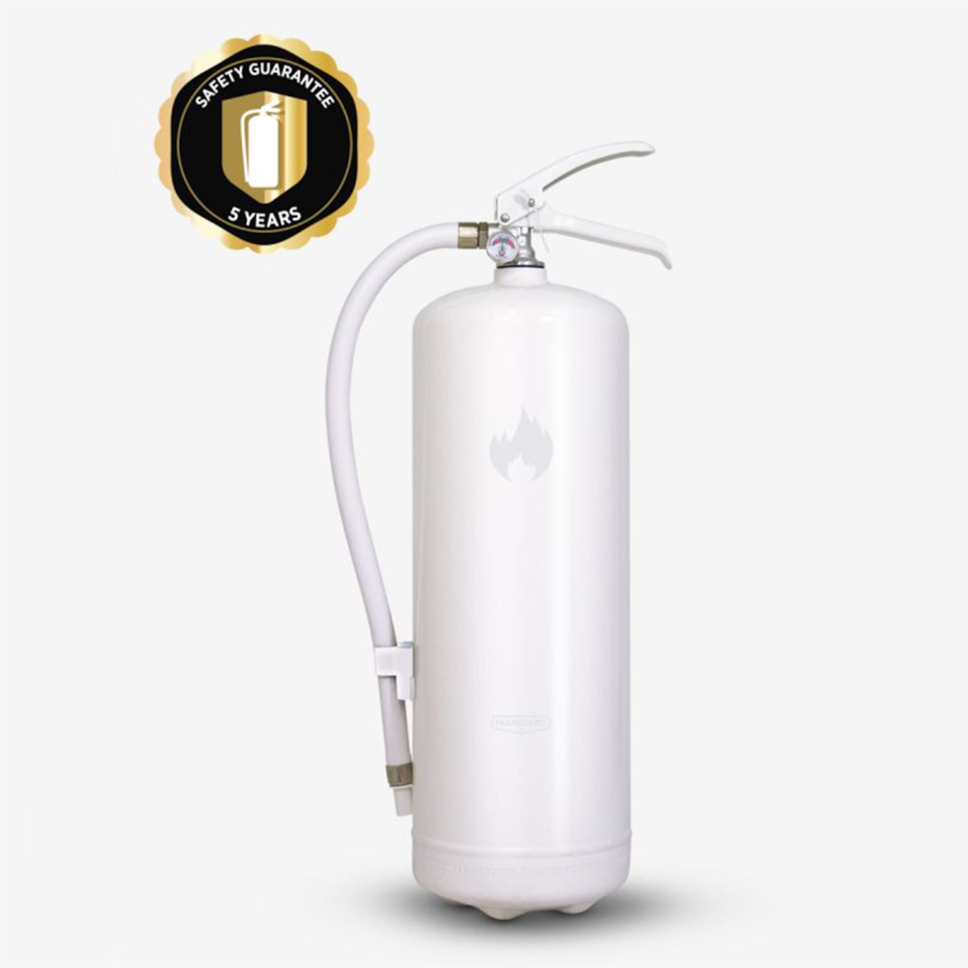 Housegard brandslukker Design Edition pulver 6 kg hvid med flammeikon og badge "Sikkerhedsgaranti 5 år.