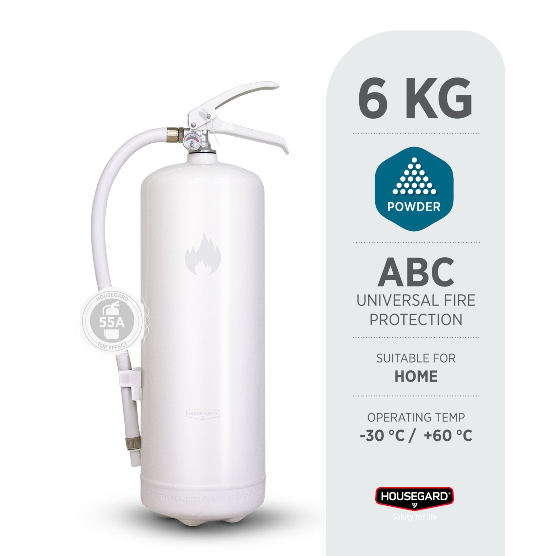Housegard brandslukker Design Edition 6 kg pulver hvid til ABC-brande, temperaturområde -30°C til +60°C, Housegard logo nederst.