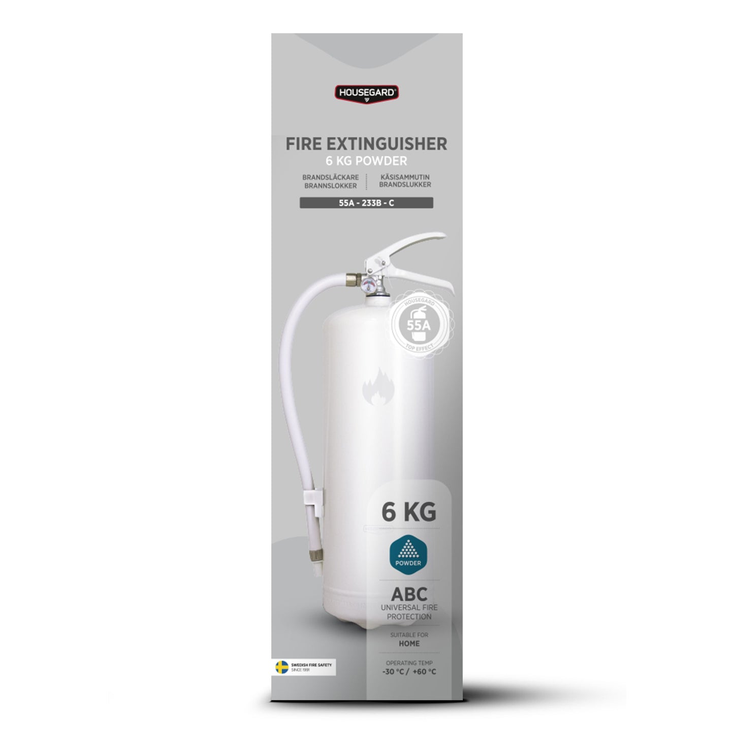 Housegard Brandslukker Design Edition pulver 6 kg hvid, billede af brandslukker, ikoner for A, B og C brandklasser.